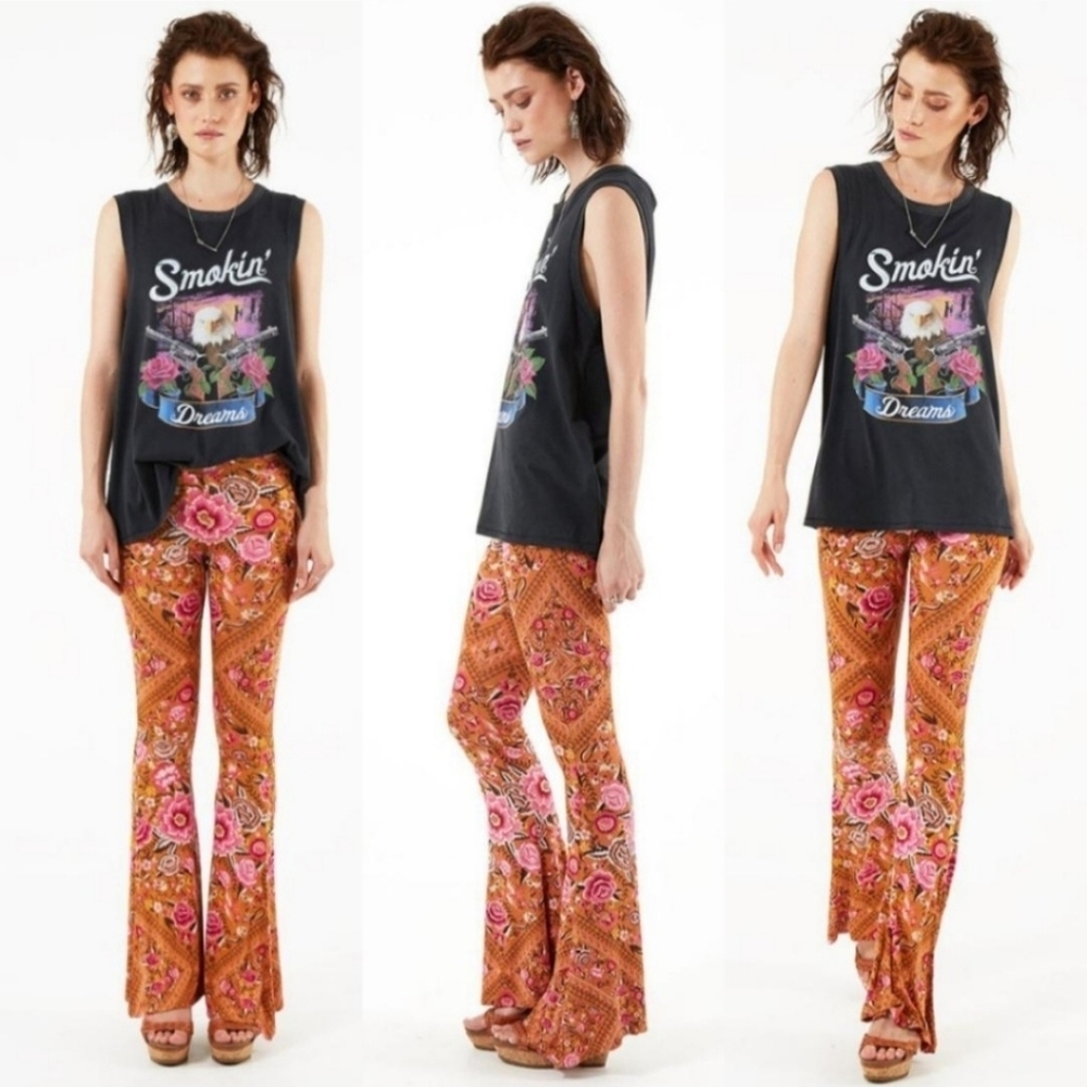 Spell Designs Babushka Bells Floral Amber Bell Bottoms Stretchy Pants Sz Large